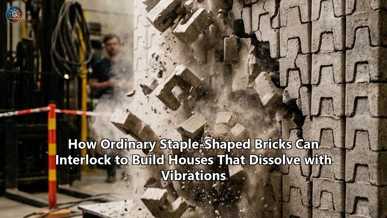 How Ordinary Staple-Shaped Bricks Can Interlock to Build Houses That Dissolve with Vibrations